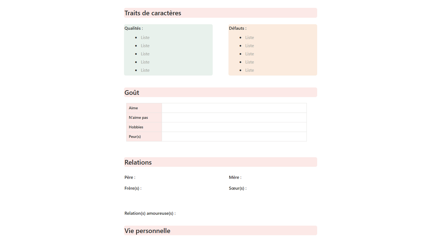 Template Notion fiches personnages